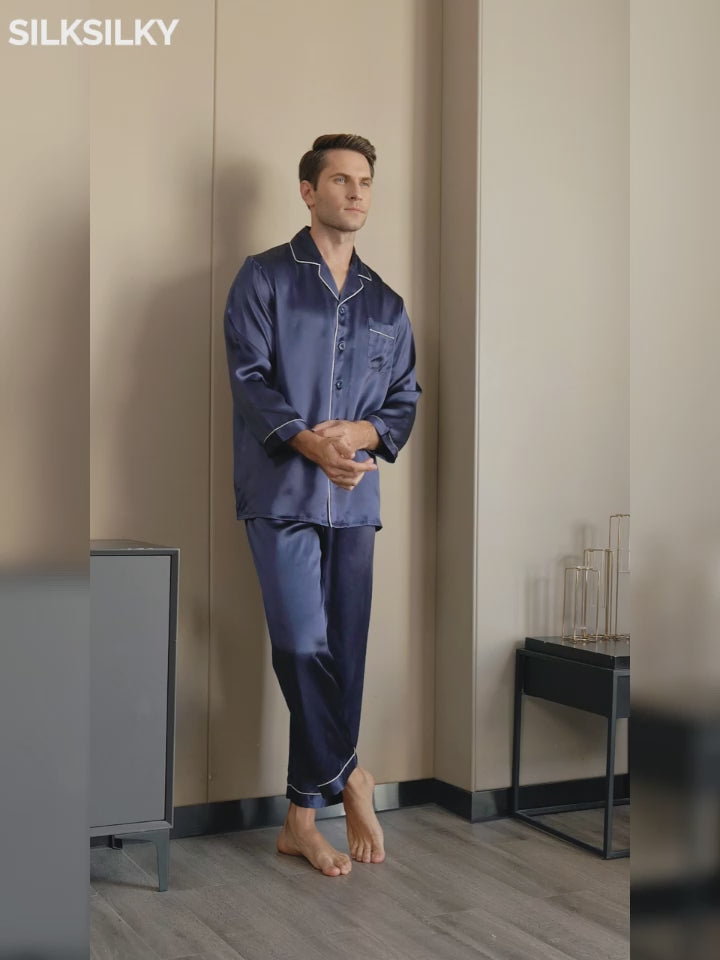 SilkSilky-DK Pure Silk Long Sleeve Revers Pyjamas til Mænd-video-001