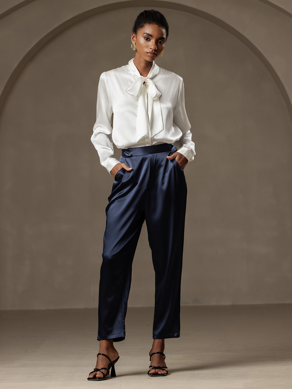 [Mørkeblå] SilkSilky-DK 19Momme Silke Womens Pants 001