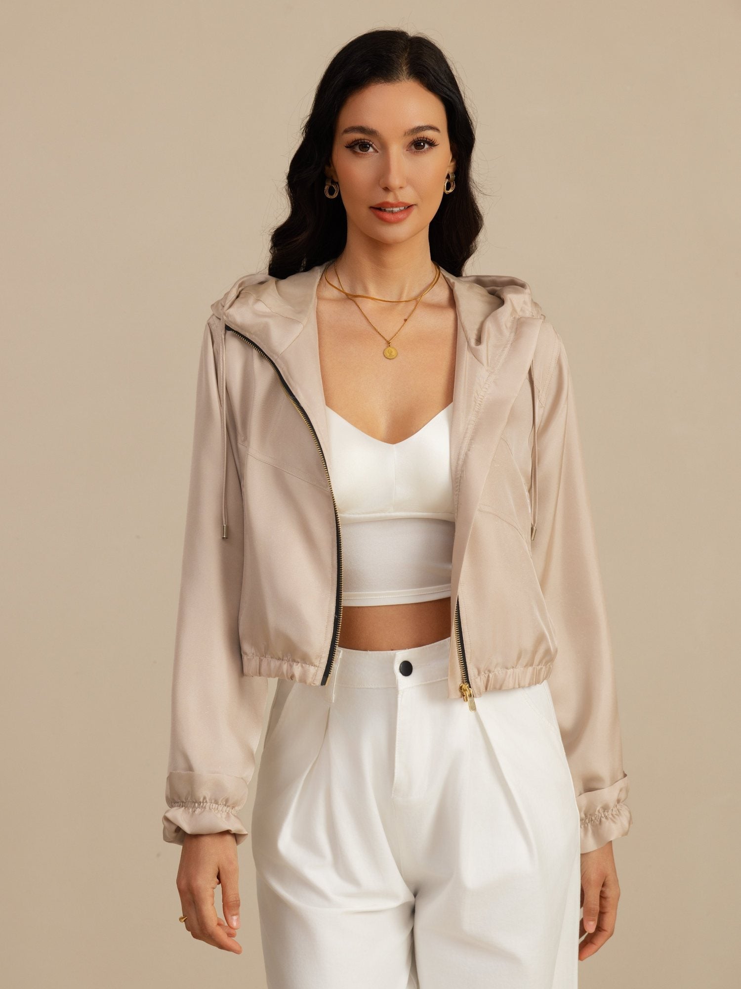 [Tan] SilkSilky-DK 18Momme Langærmet Høj Hals Overtøj til Kvinder 005