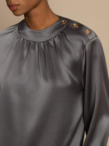 [Mørkegrå] SilkSilky-DK 19Momme Langærmet Rund Hals Bluse 006