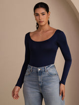 [Mørkeblå] SilkSilky-DK Long Sleeve U hals T-shirt til kvinder 001