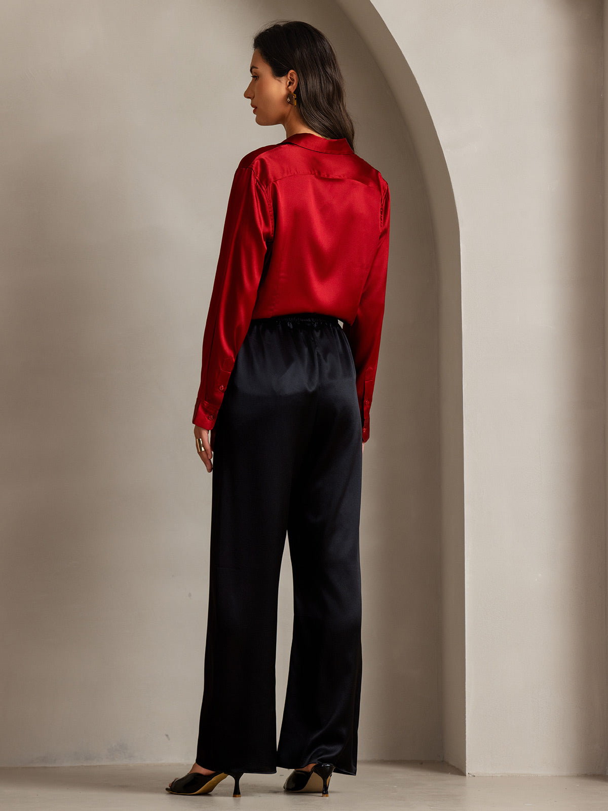 [Rød] SilkSilky-DK Silke Long Sleeve Collar Dameskjorte 002