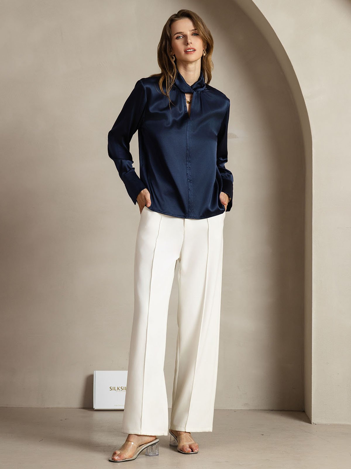 [Mørkeblå] SilkSilky-DK 19Momme Silke Womens Shirt 008