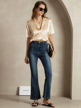 [Champagne] SilkSilky-DK Short Sleeve Lapel Collar Dameskjorte 007