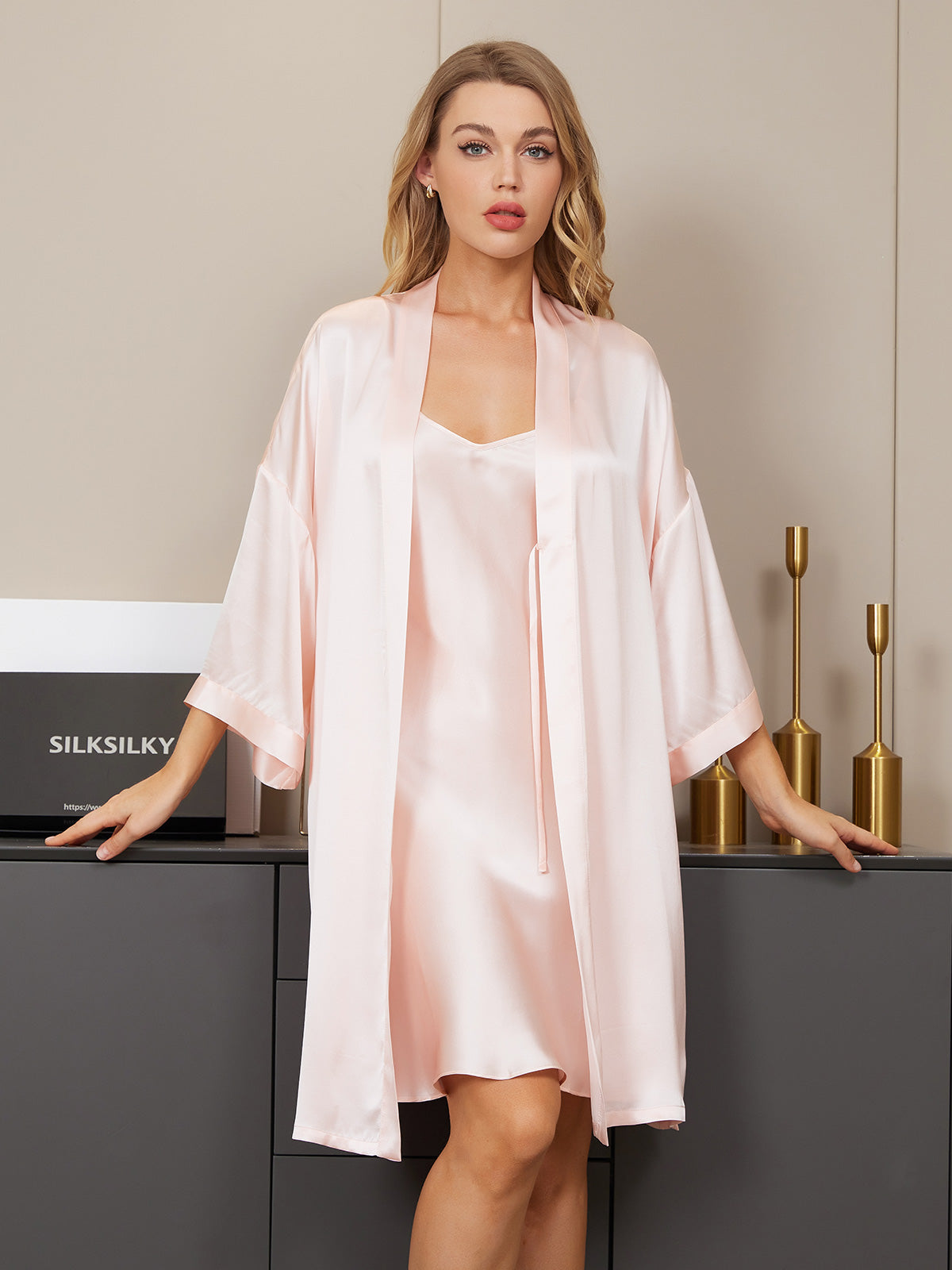 [Lys Pink] SilkSilky-DK Silke Nightgown&Robe Set 004