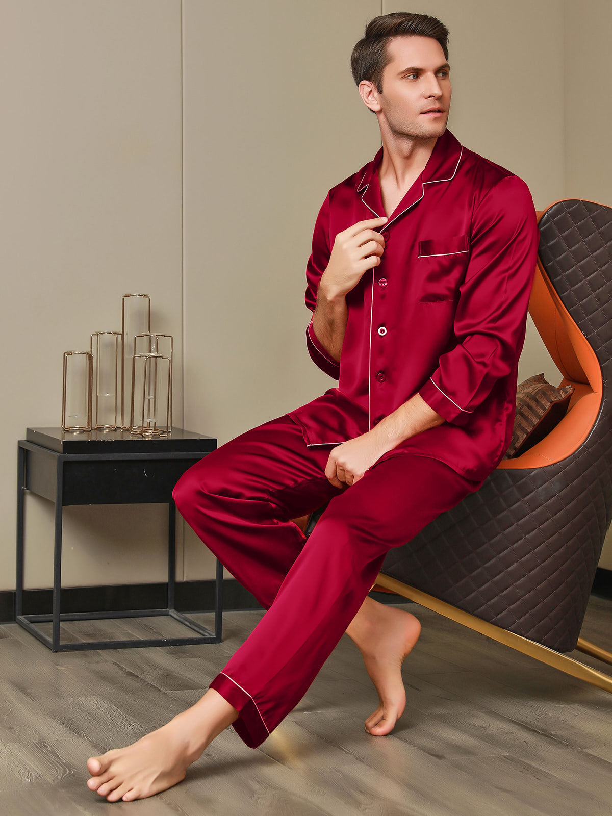 [Rød] SilkSilky-DK 19Momme Mens Pajamas 006