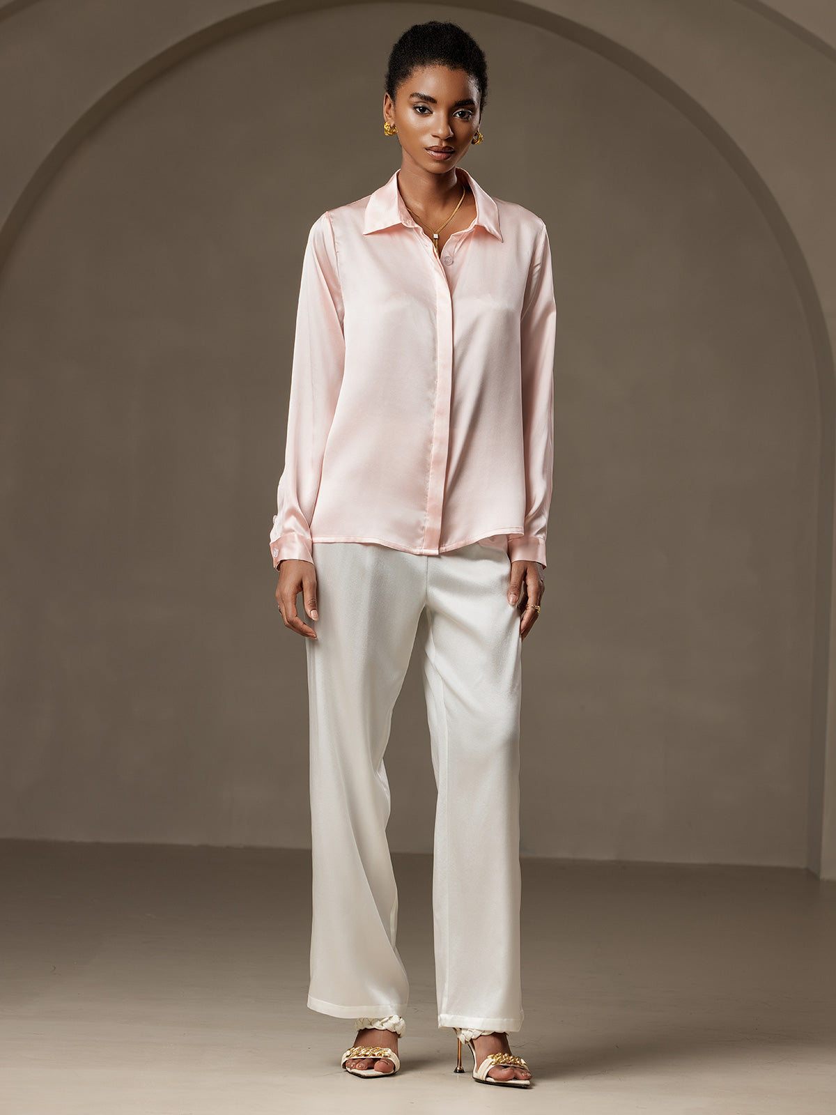 [Lyserød] SilkSilky-DK 19Momme Silke Womens Shirt 007