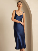 [Mørkeblå] SilkSilky-DK Sleeveless V Neck Kjole 006