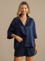 [Mørkeblå] SilkSilky-DK 19Momme Halv ærme Notchkrage Dame Pyjamas 004