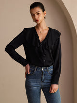 [Sort] SilkSilky-DK Long Sleeve Deep V Neck Damebluser 004