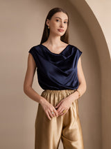 [Mørkeblå] SilkSilky-DK Cap Sleeve Cowl Neck T-shirt til kvinder 003