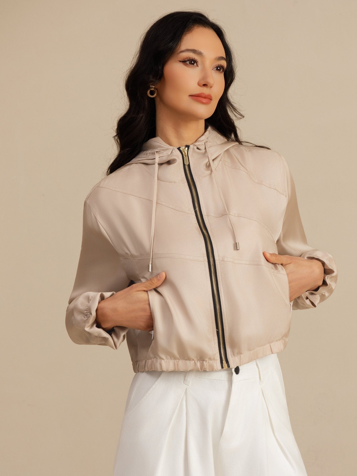 [Tan] SilkSilky-DK 18Momme Langærmet Høj Hals Overtøj til Kvinder 004