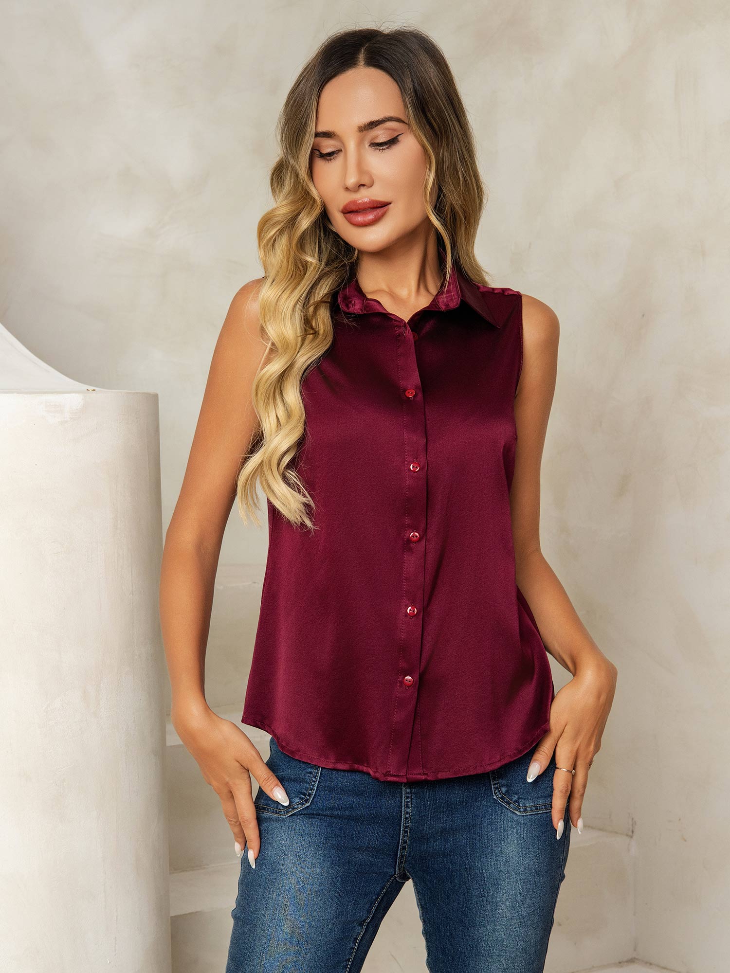 [Mørkerød] SilkSilky-DK 19Momme Silke Lapel Collar Dameskjorte 005