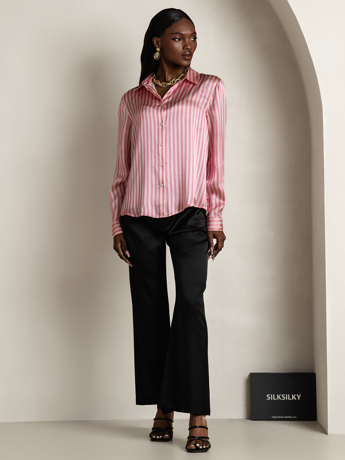 [Lyserød] SilkSilky-DK Silke Long Sleeve Collar Dameskjorte 008