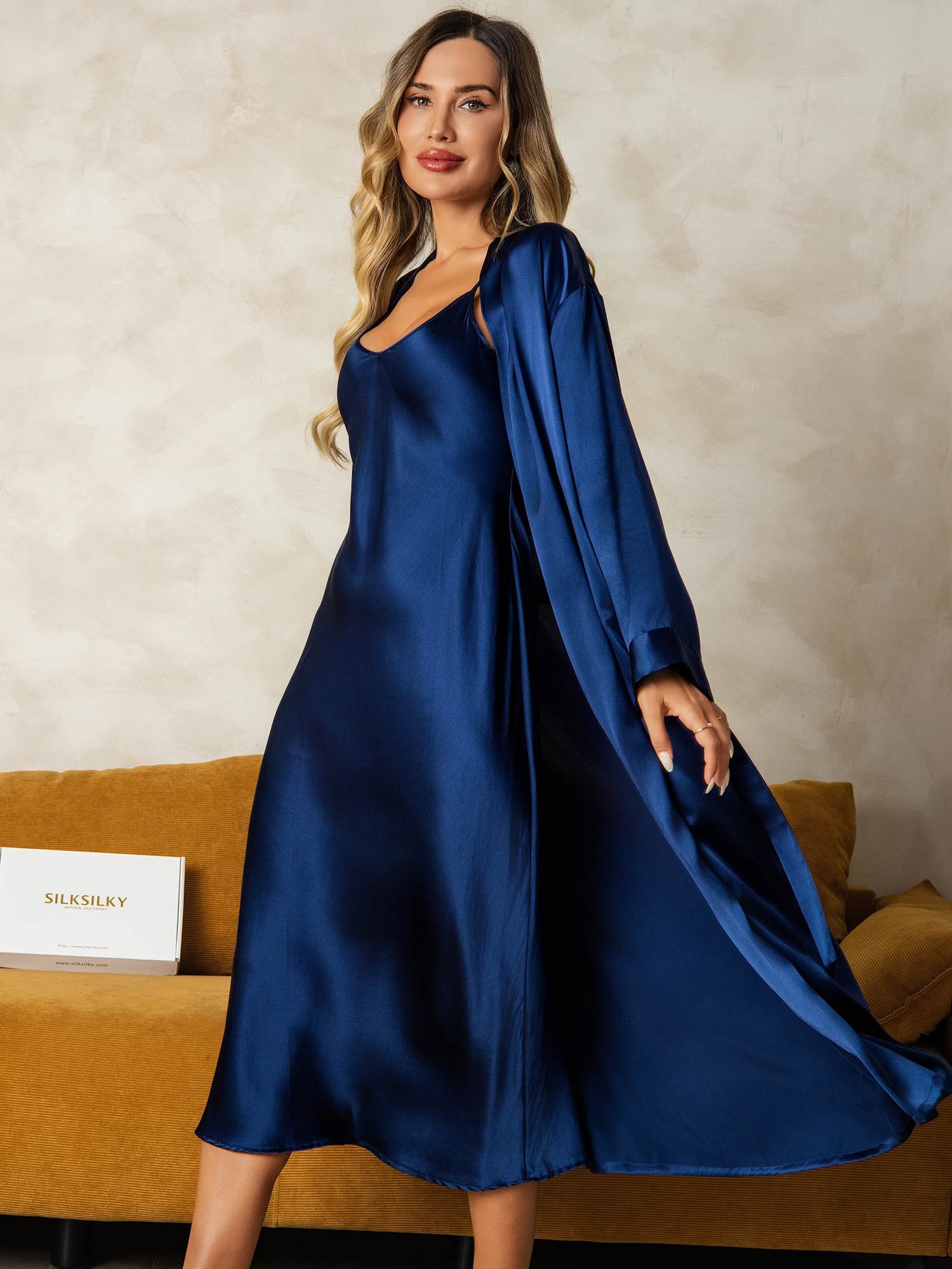 [Mørkeblå] SilkSilky-DK Silke Nightgown&Robe Set 004