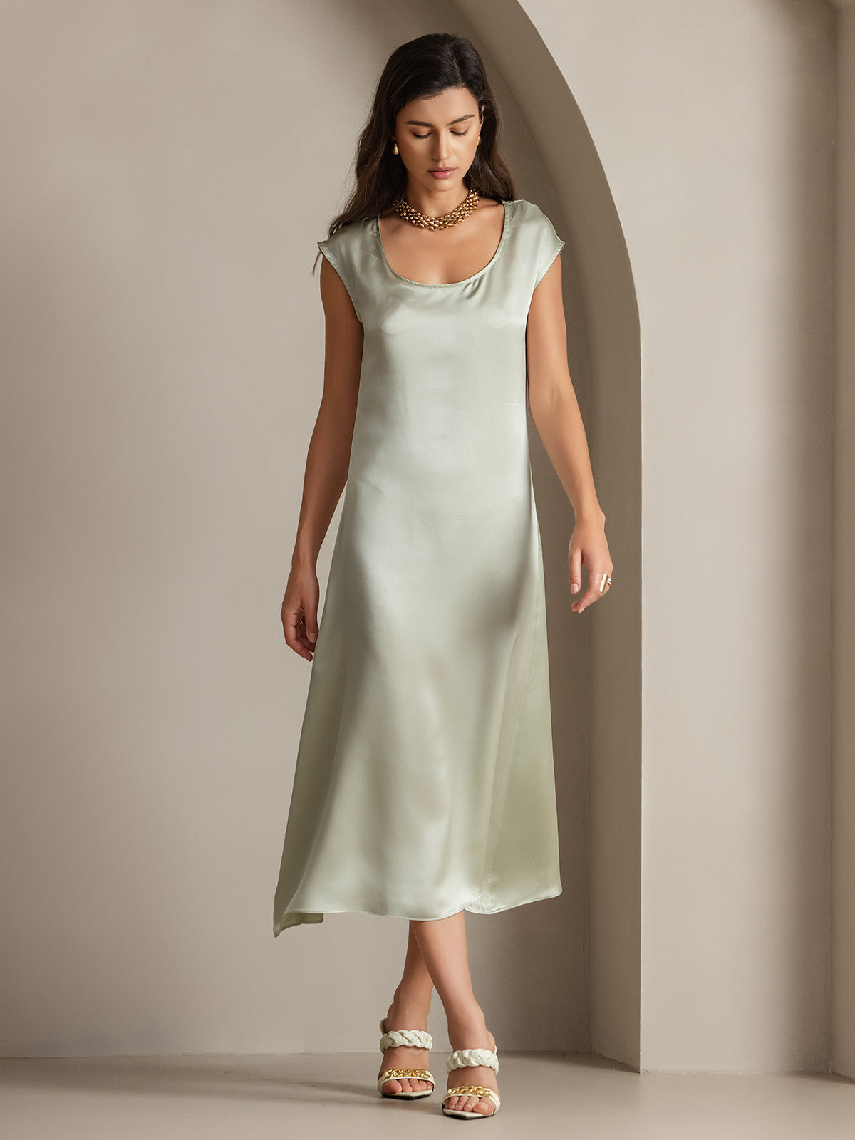 [Lysegrøn] SilkSilky-DK 19Momme Silke Dress 002