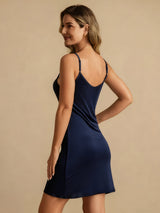 [Mørkeblå] SilkSilky-DK Sleeveless Round Neck Natkjole 002