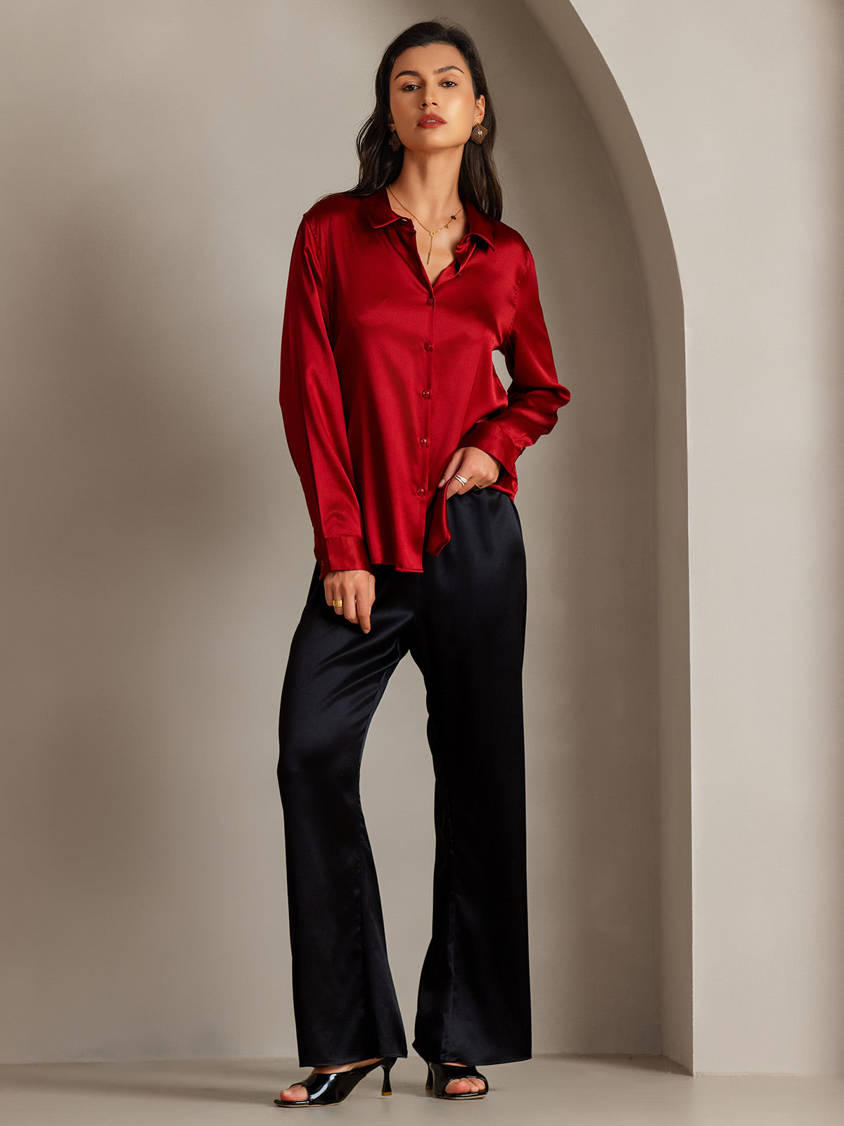 [Rød] SilkSilky-DK Silke Long Sleeve Collar Dameskjorte 004