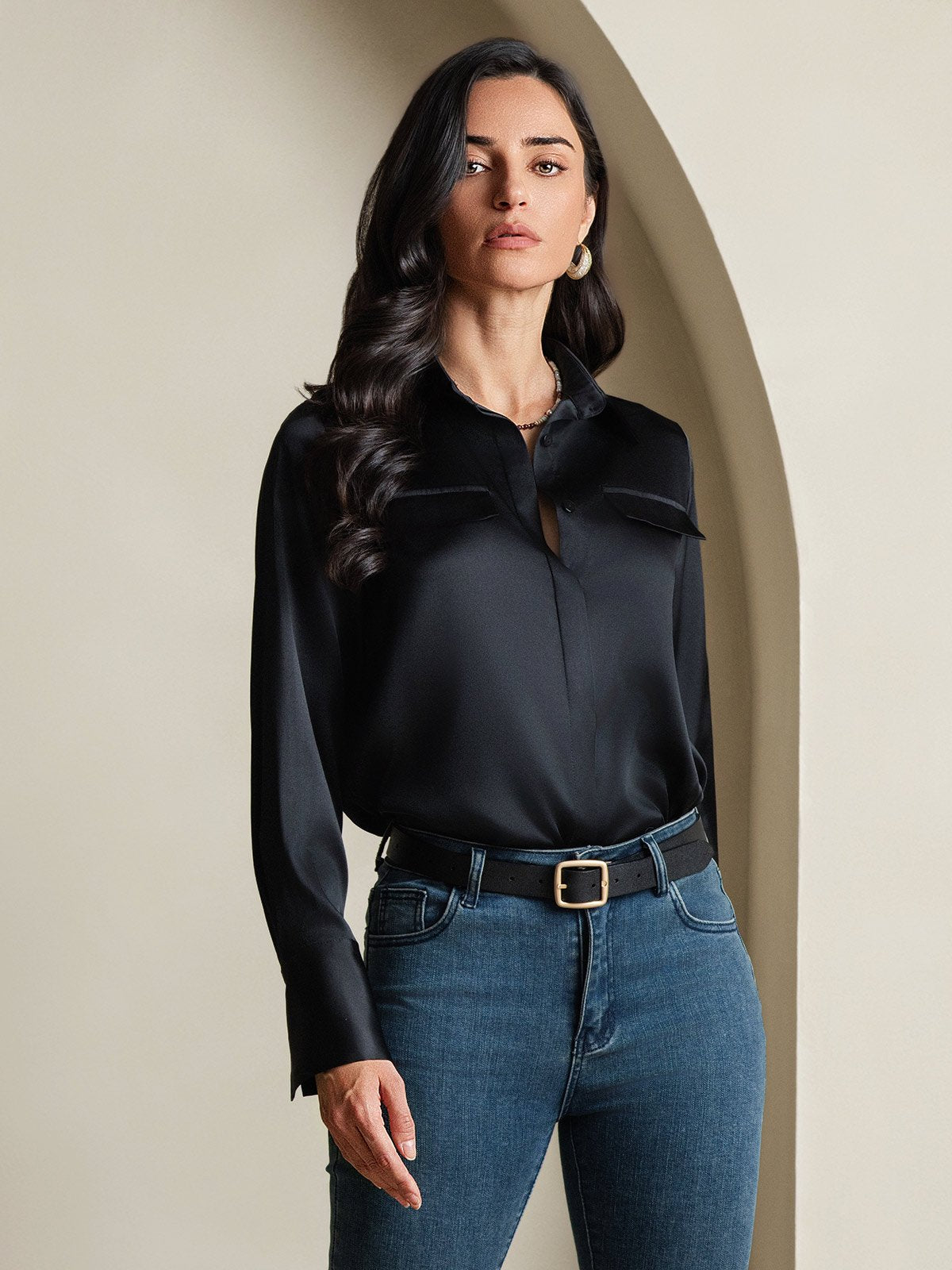 SilkSilky-DK 19Momme Silke Womens Shirt Sort 004