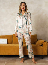 [Tropisk Jungle] SilkSilky-DK Long Sleeve Lapel Collar Dame Pyjamas 005