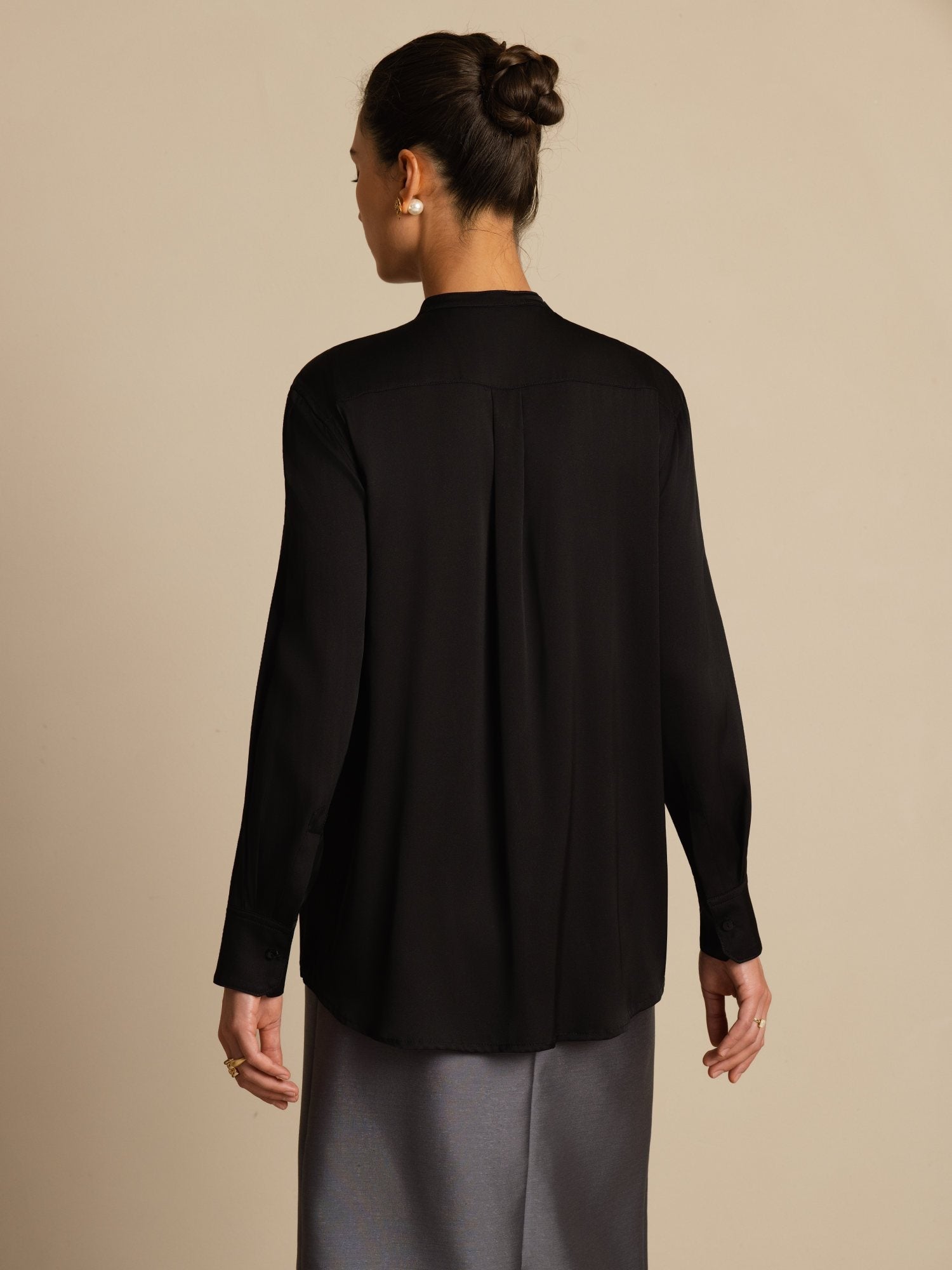 [Sort] SilkSilky-DK 19Momme Silke Langærmet Ståkrave Bluse 002