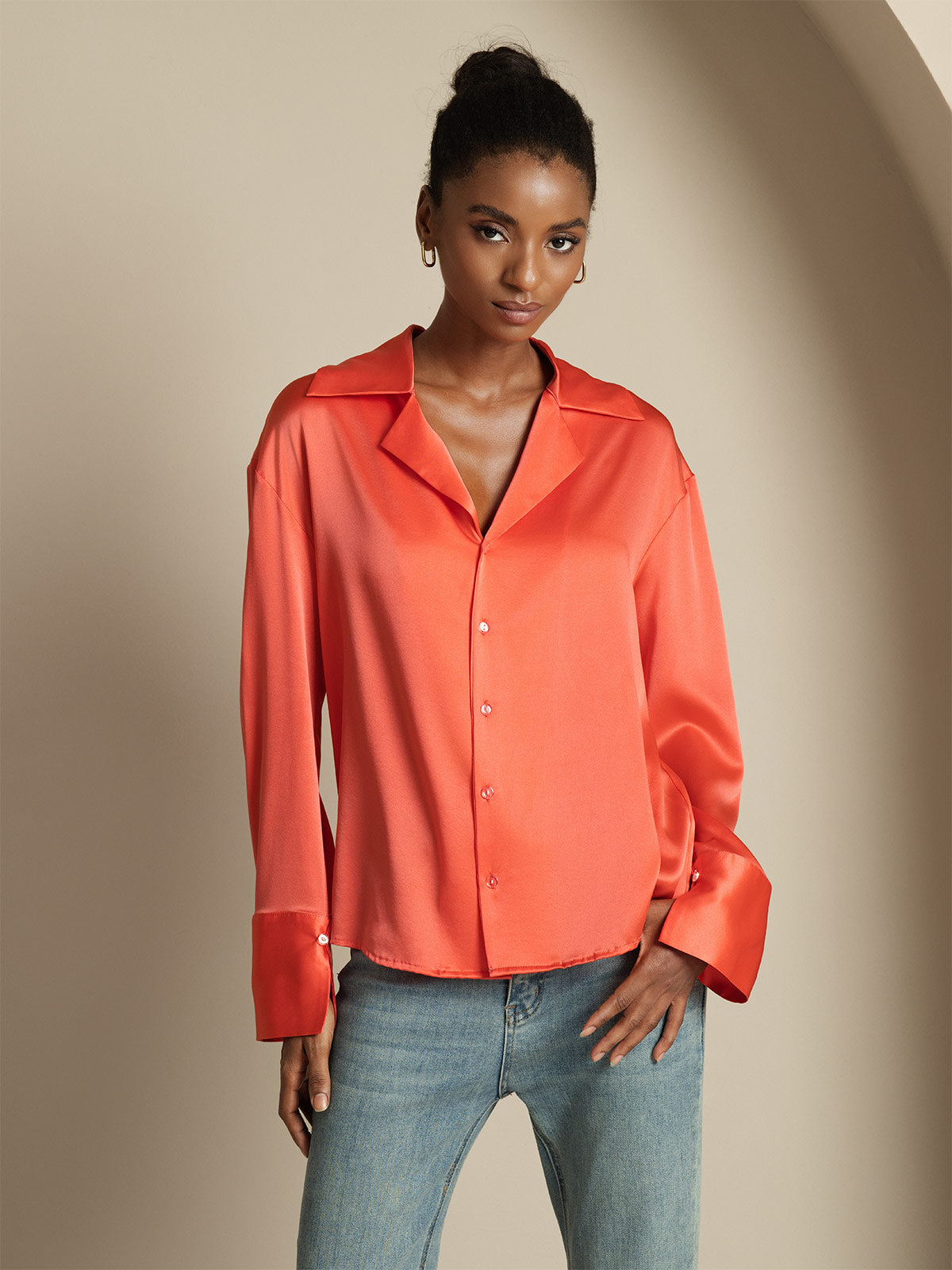 [Kejserlig Rød] SilkSilky-DK 19Momme Silke Womens Shirt 005