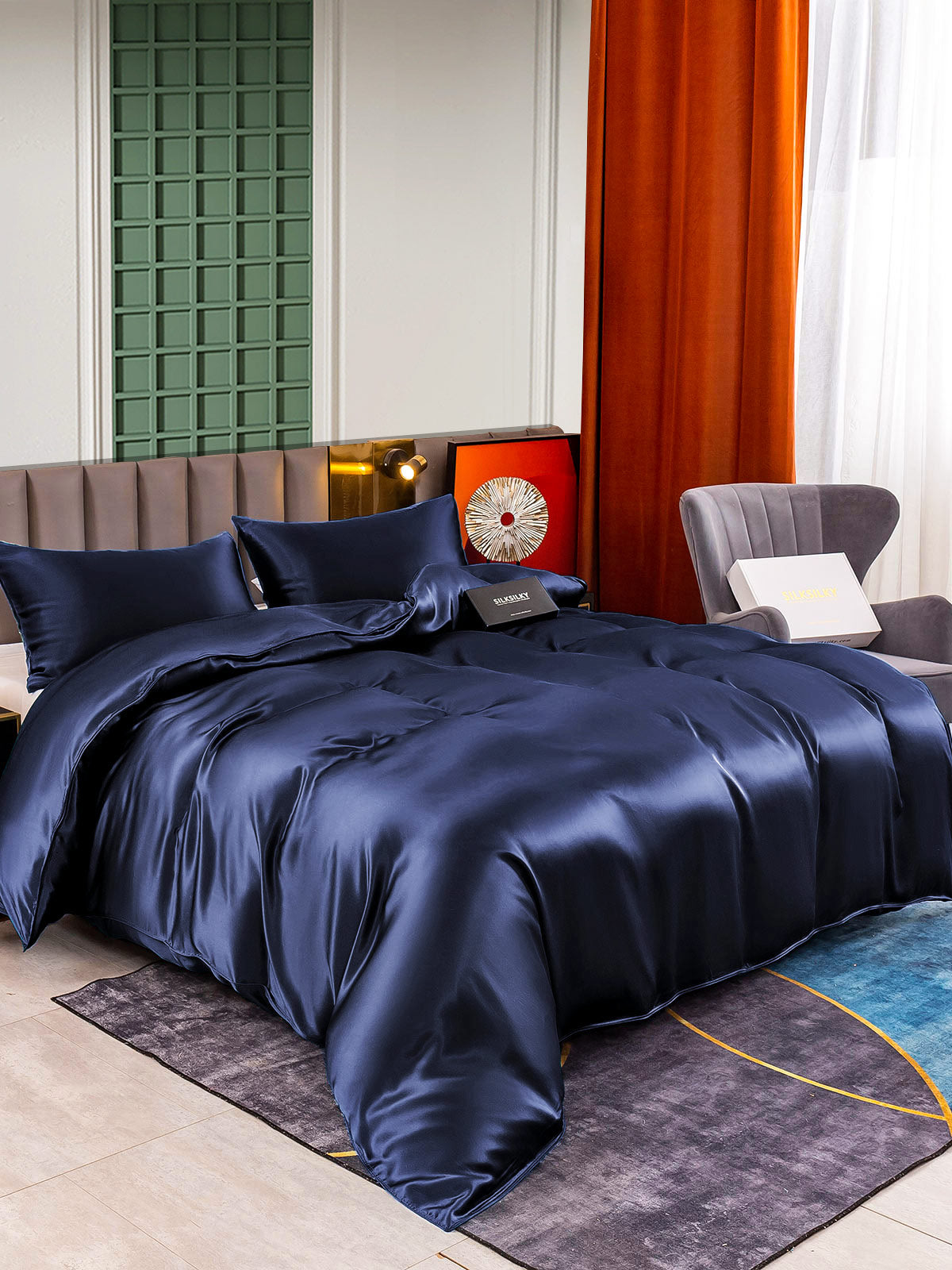 [Mørkeblå] SilkSilky-DK 25Momme Bedding Set 001