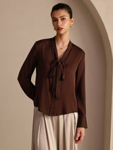 [Mørk Chokolade] SilkSilky-DK Long Sleeve Tie Neck Damebluser 003