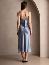 [Gråblå] SilkSilky-DK Sleeveless V Neck Kjole 002