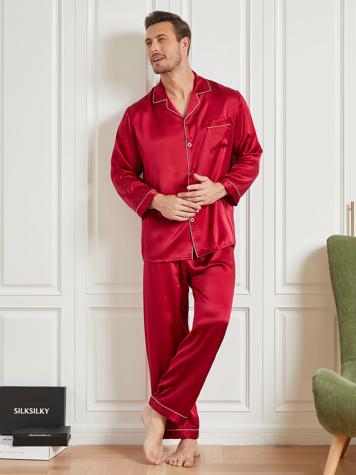 [Rød] SilkSilky-DK 19Momme Mens Pajamas 002