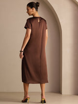 [Mørk Chokolade] SilkSilky-DK Short Sleeve Round Neck Kjole 002