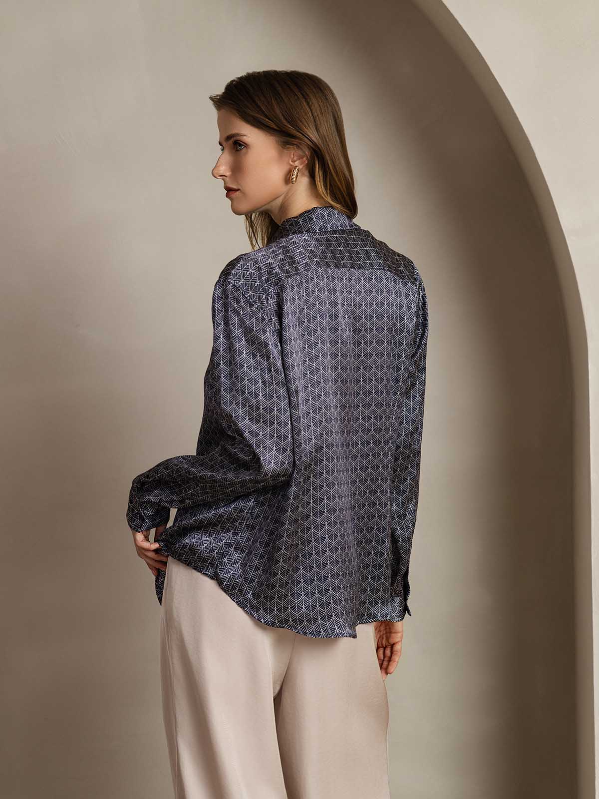 [Marine Ginkgo] SilkSilky-DK Silke Lapel Collar Dameskjorte 002