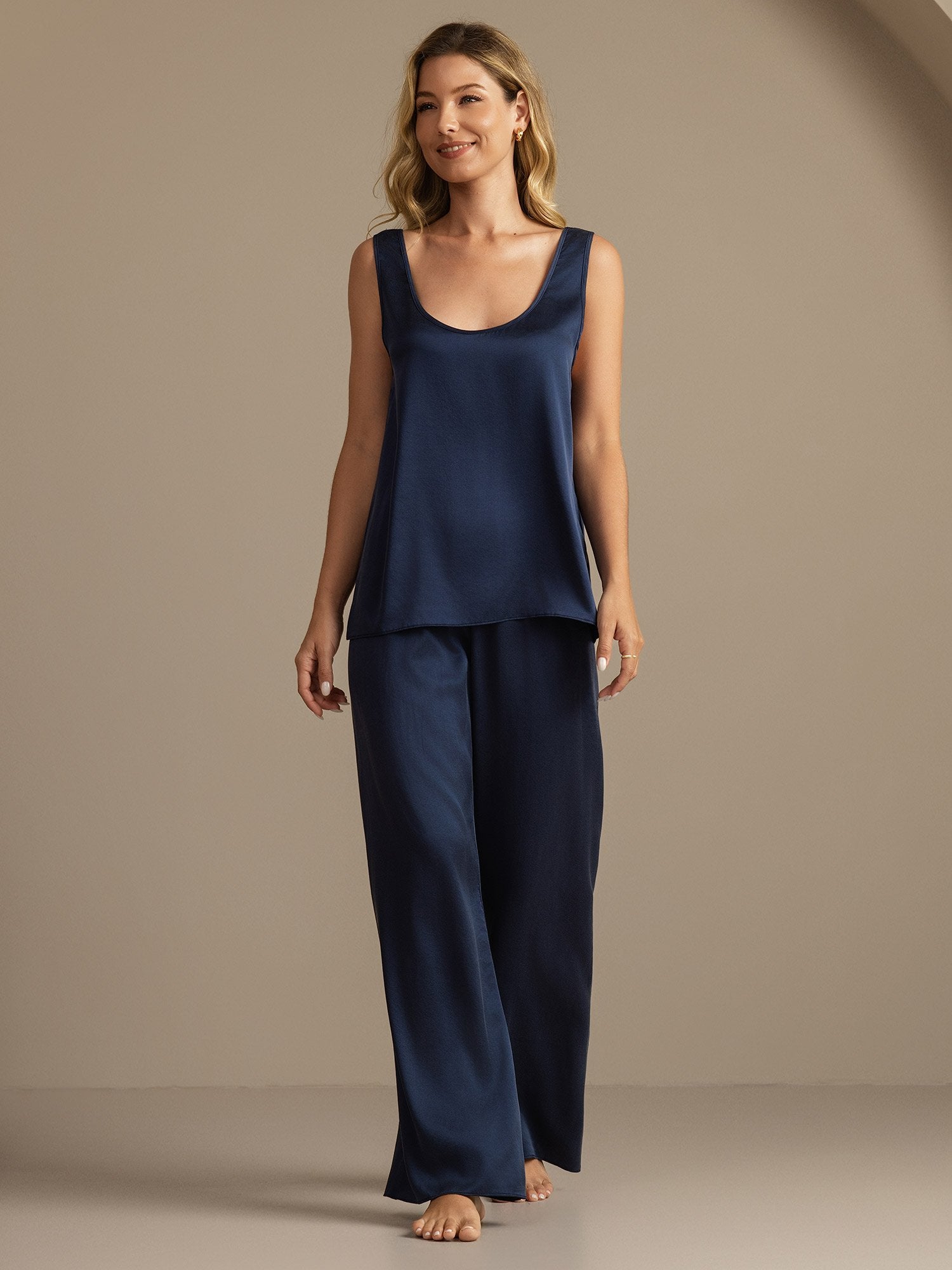 [Mørkeblå] SilkSilky-DK 19Momme Silke Womens Pajamas 006,