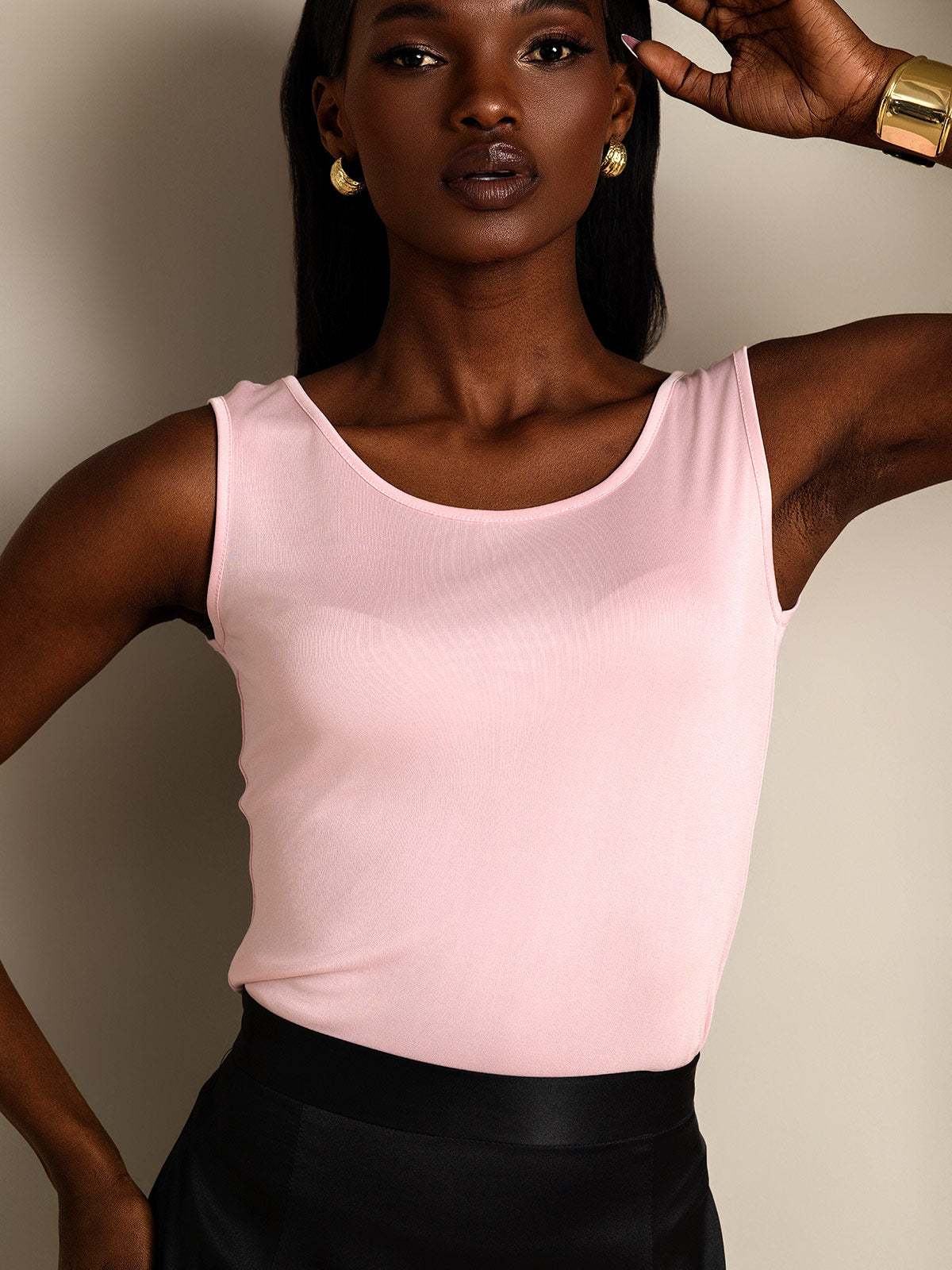 [Lyserød] SilkSilky-DK Silk Knitted Sleeveless Round Neck T-shirt til kvinder 003