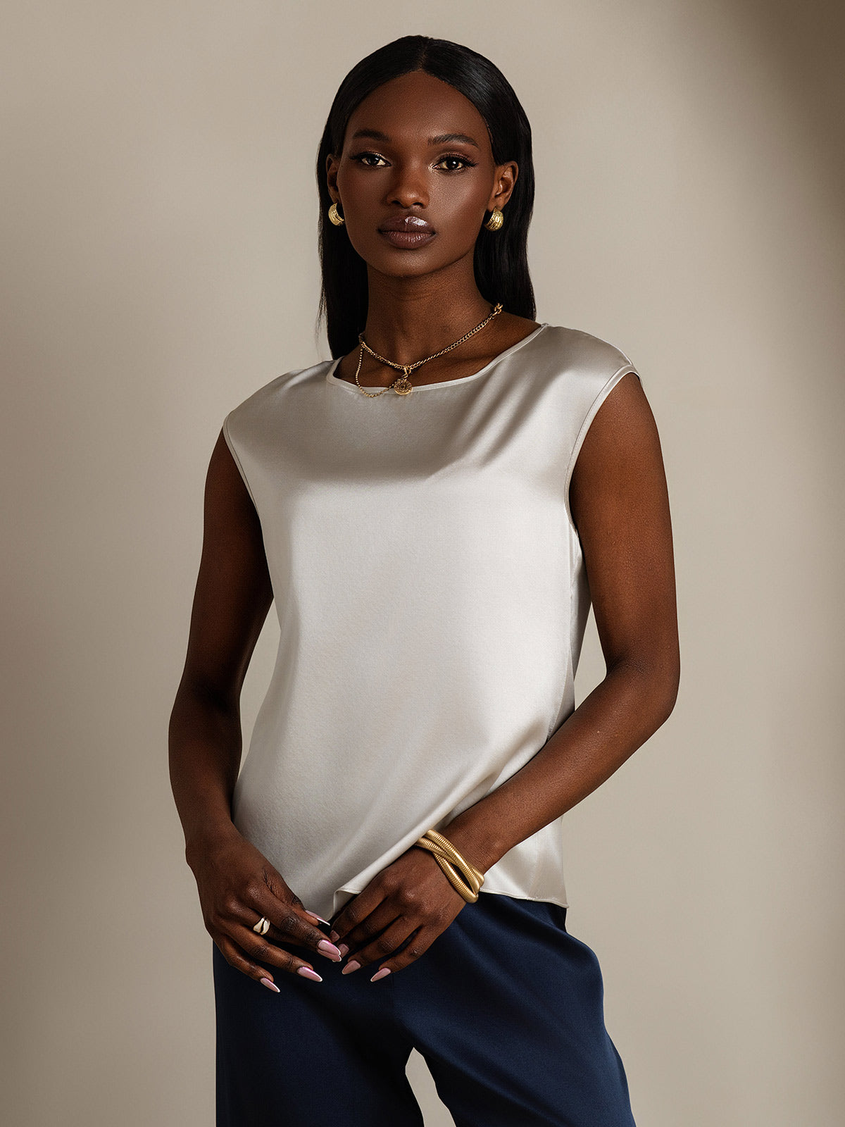 [Lysegrå] SilkSilky-DK 19Momme Silke Womens T-Shirt 003