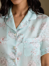 [Himmelblå Blomster] SilkSilky-DK Short Sleeve Notch Collar Dame Pyjamas 005