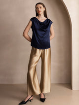 [Mørkeblå] SilkSilky-DK Cap Sleeve Cowl Neck T-shirt til kvinder 008
