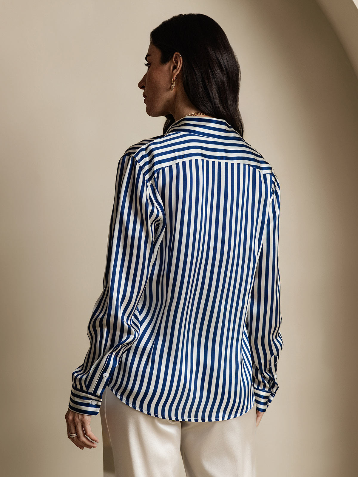 [Blå] SilkSilky-DK Silke Long Sleeve Collar Dameskjorte 002