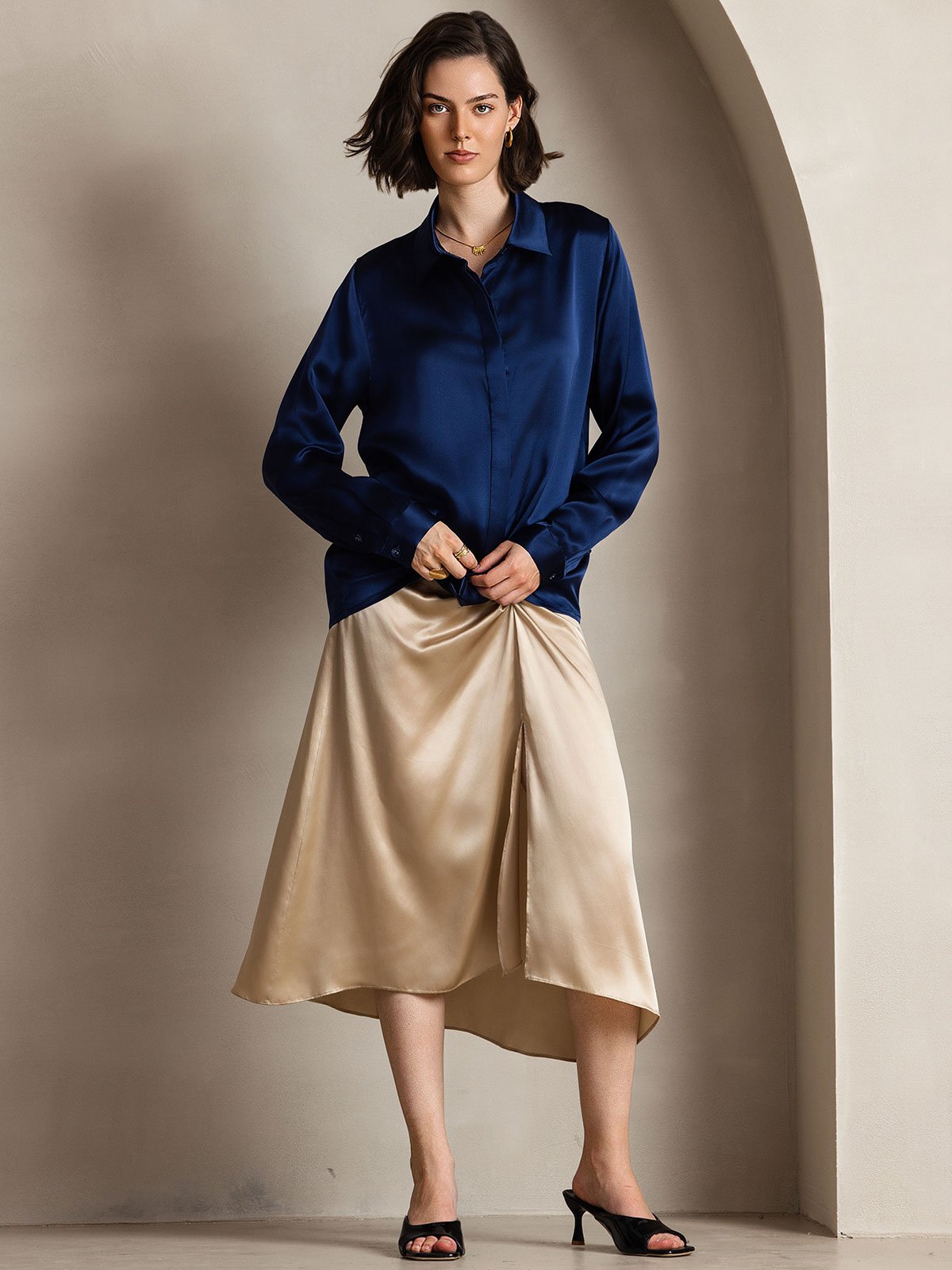 [Mørkeblå] SilkSilky-DK 19Momme Silke Womens Shirt 003