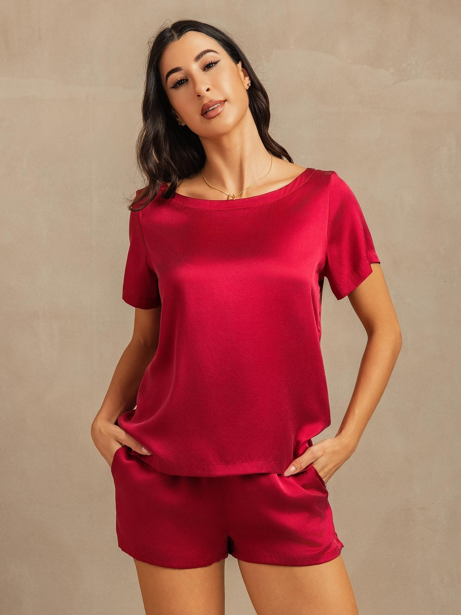 [Vin] SilkSilky-DK 19Momme Kort ærme Rund Hals Dame Pyjamas 001