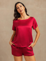 [Vin] SilkSilky-DK 19Momme Kort ærme Rund Hals Dame Pyjamas 001