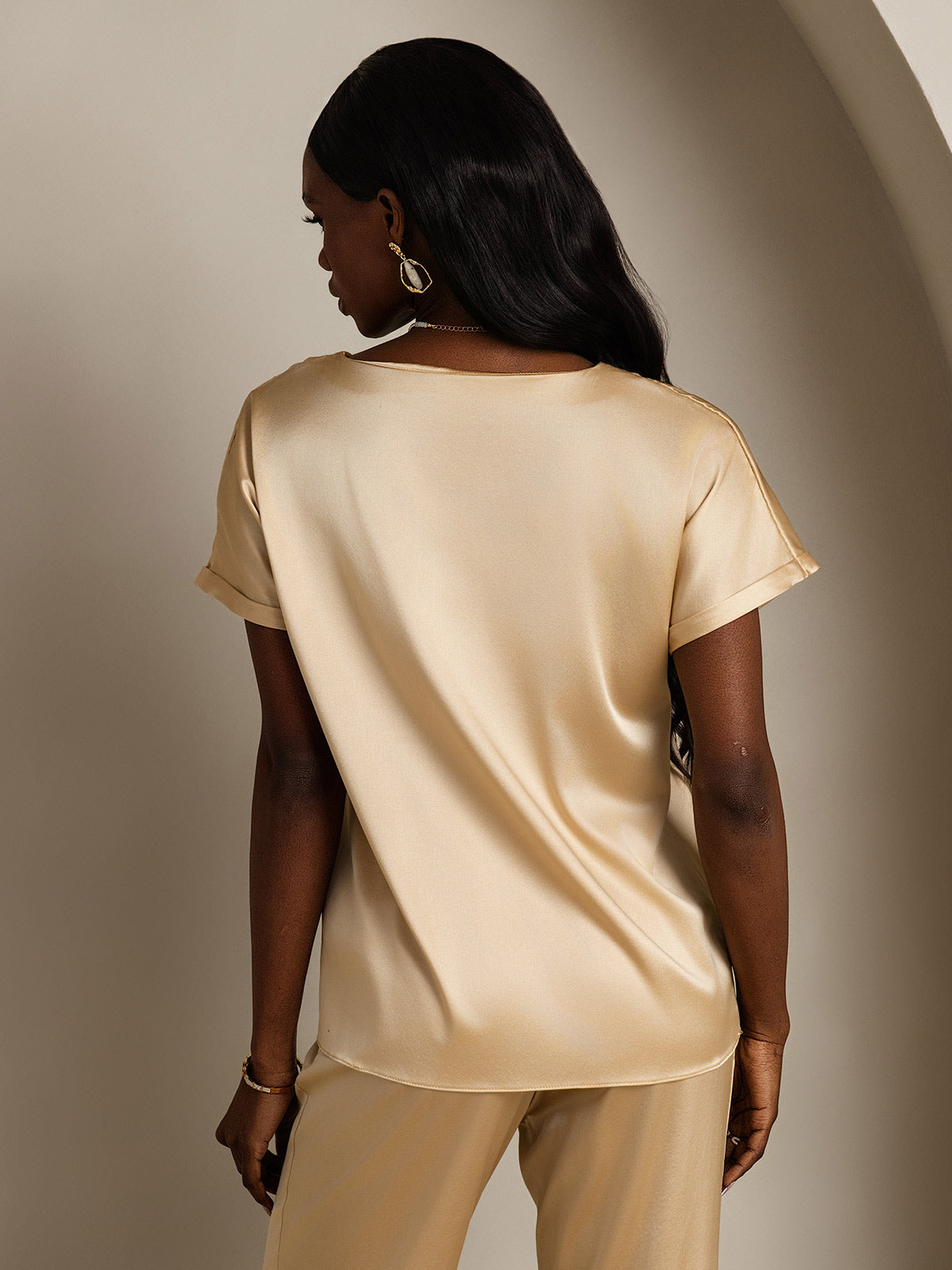 [Champagne] SilkSilky-DK 19Momme Silke Womens T-Shirt 002