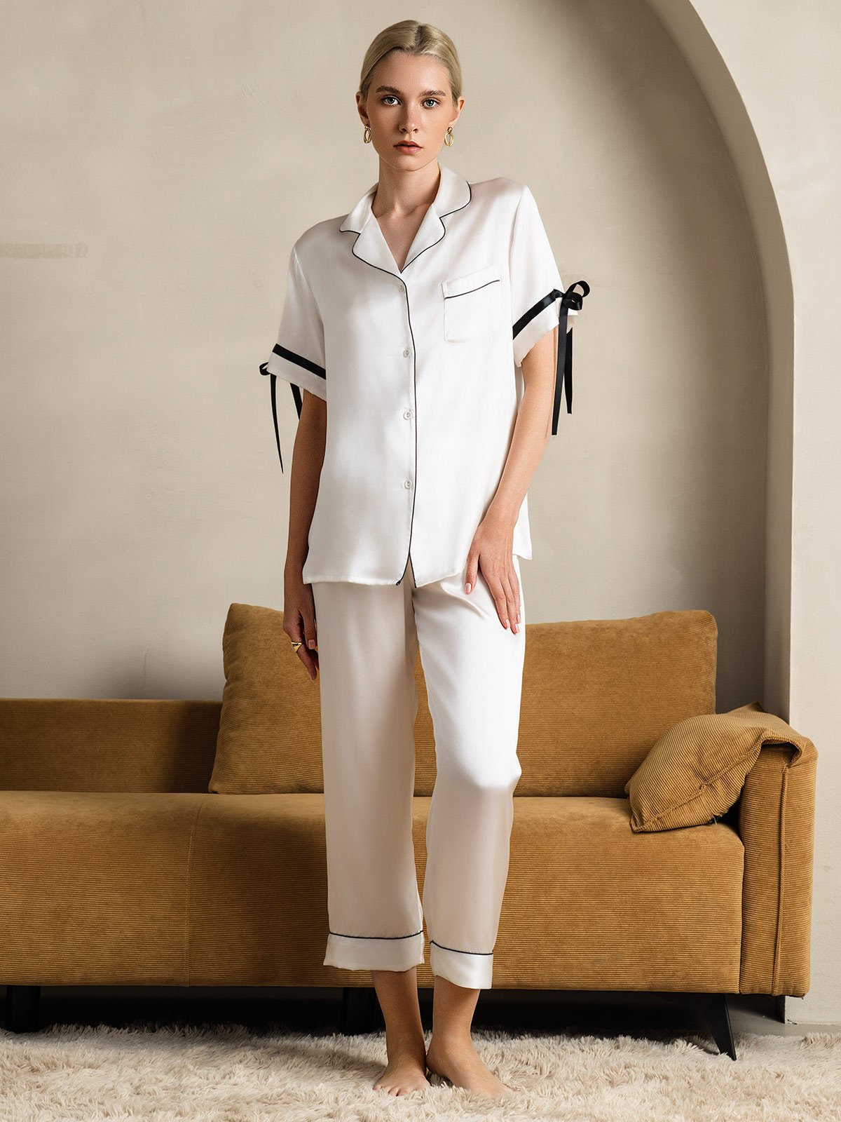 [Hvid] SilkSilky-DK Silke Short Sleeve Revers Dame Pyjamas 001