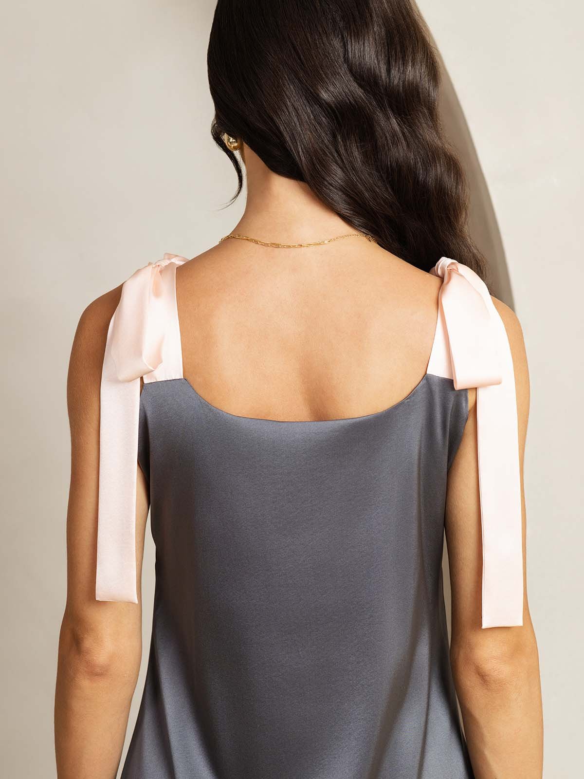[Mørkegrå] SilkSilky-DK 19Momme Silke Square Neck Kjole 005