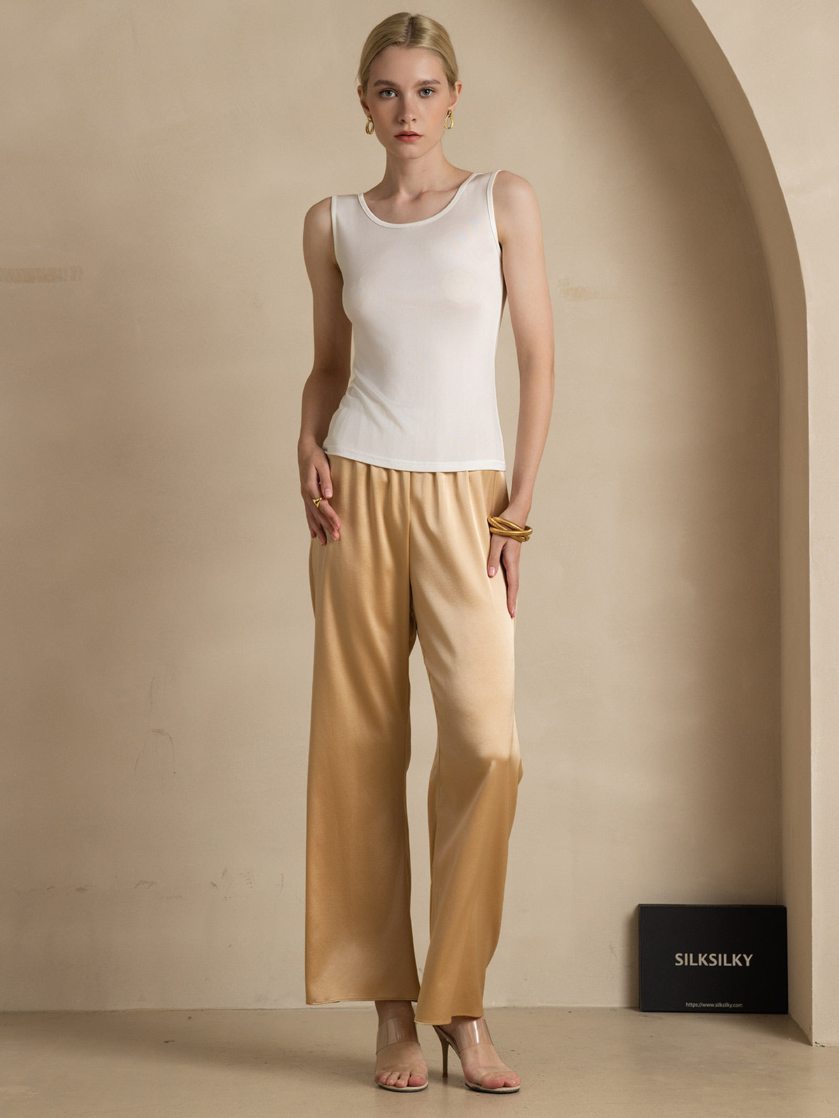 [Hvid] SilkSilky-DK Silk Knitted Sleeveless Round Neck T-shirt til kvinder 006