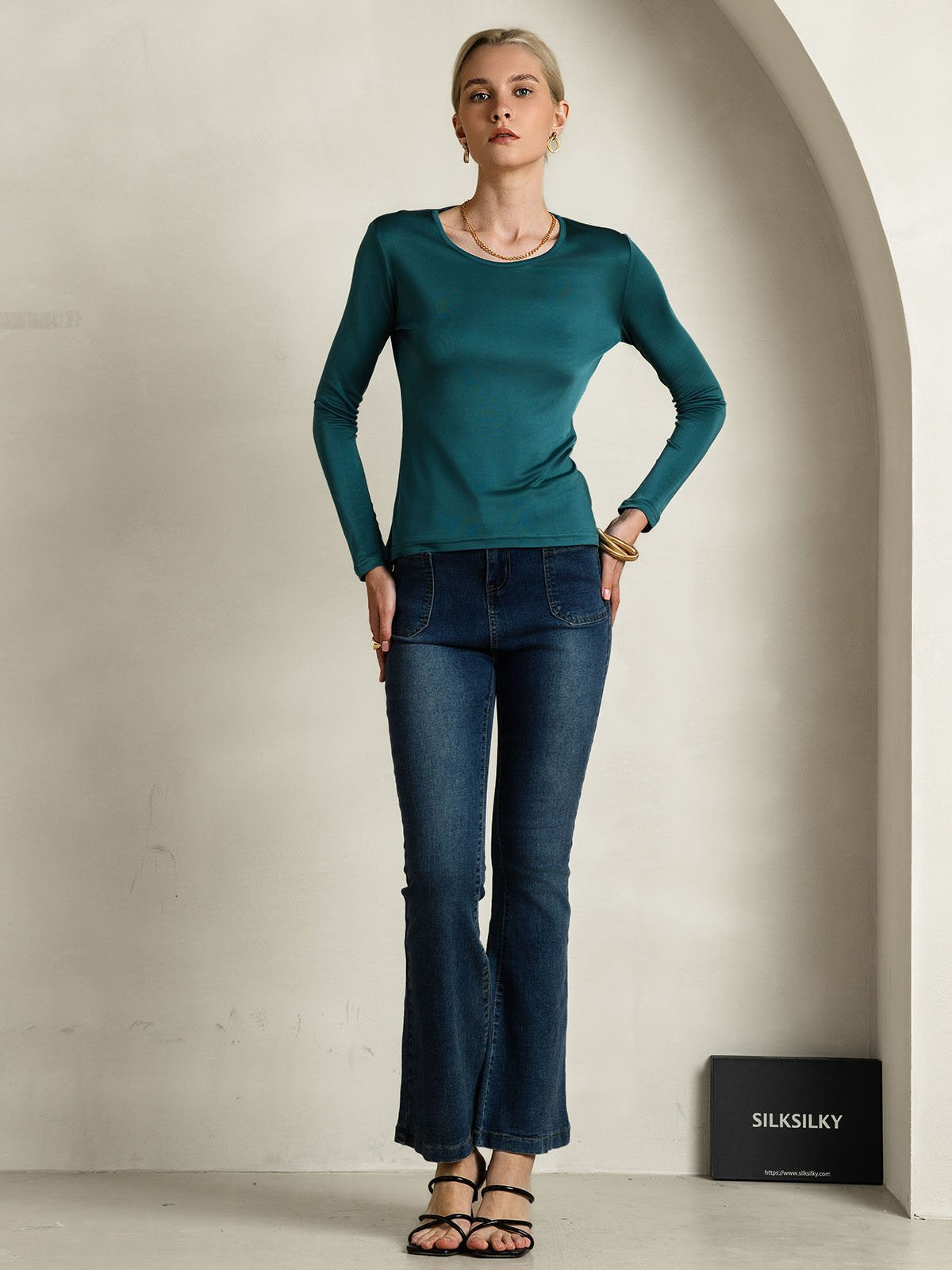 [Mørkegrøn] SilkSilky-DK Silke Long Sleeve Round Neck T-shirt til kvinder 005