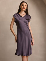 [Lilla Grå] SilkSilky-DK Cap Sleeve V Neck Natkjole 004