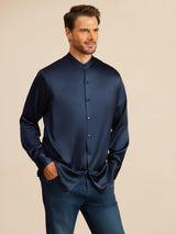 [Mørkeblå] SilkSilky-DK Long Sleeve Stand Collar Herreskjorte 006