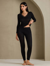 [Sort] SilkSilky-DK Long Sleeve V Neck Dame Lange Underbukser 004