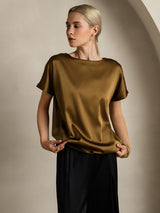 [Brun] SilkSilky-DK 19Momme Kort ærme Bådudskæring T-shirt til kvinder 004